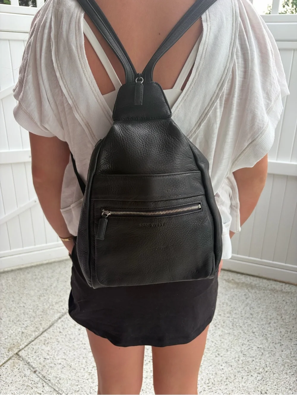 Nine West Black Genuine Leather Sling Backpack Crossbody Bag y2k gorpcore